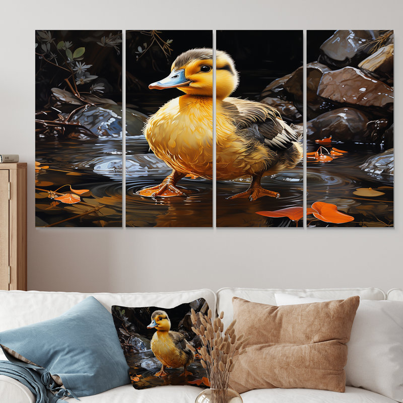 4 pièces d'art mural jaune et noir avec étang à plumes de canard, H 28 po x l 48 po