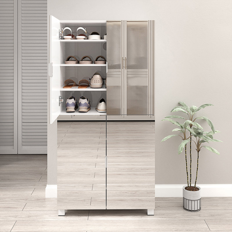 Spacious Shoe Storage Cabinet With Full-Length Mirror For Entryway And Bedroom, Multi-Functional 4-Door Wardrobe Closet