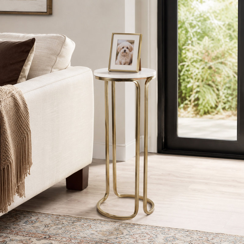 Table d'appoint ronde décorative pour salon - Table d'appoint sur pied avec pied central, idéale pour les boissons et la cuisine - 63,5 cm, blanc et or