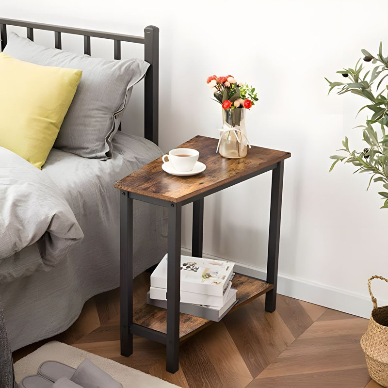 Industrial Wedge End Table With Storage For Small Space