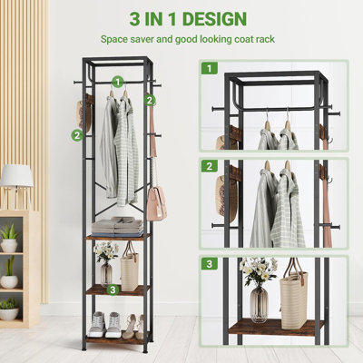 Coat Rack Freestanding Hall Tree with 3 Storage Shelves and 12 Hooks Industrial Clothes Rack Stand Organizer Rustic Brown