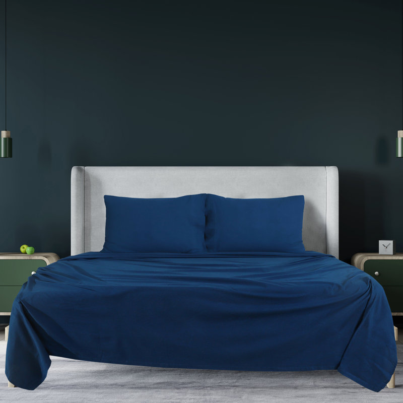 Ensemble de literie en flanelle 100 % coton, Ensemble de draps pour très grand lit + drap-hous, Bleu marine