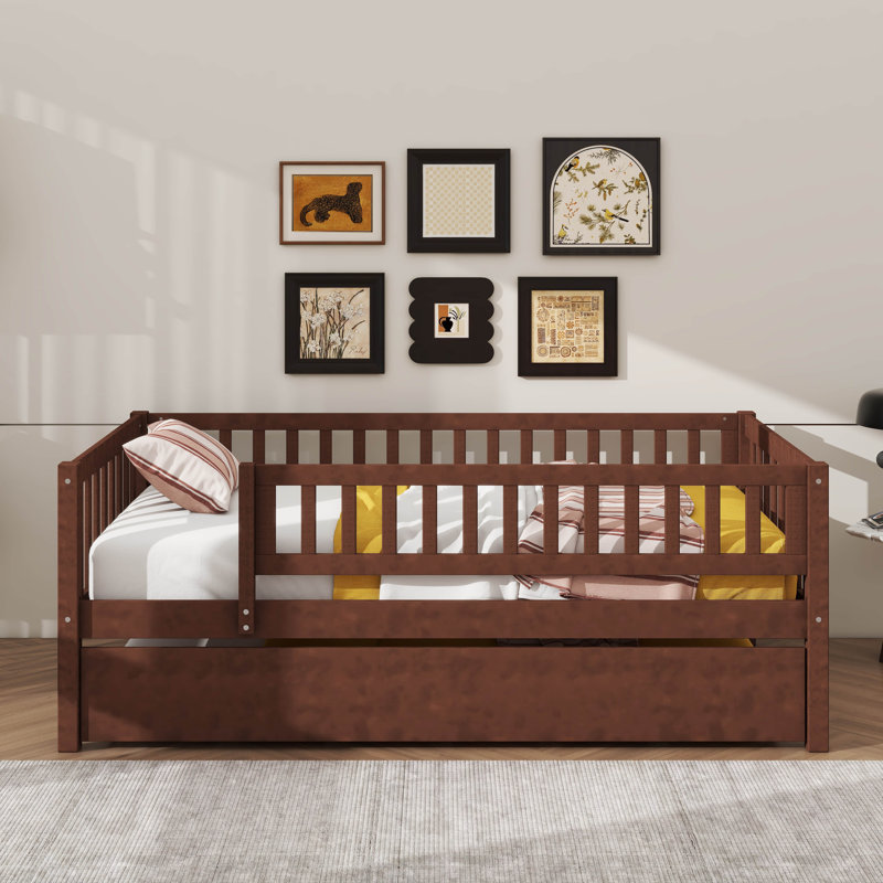 Rustic Wooden Daybed With Underbed Trundle And Protective Fence-Style Guardrails, Walnut