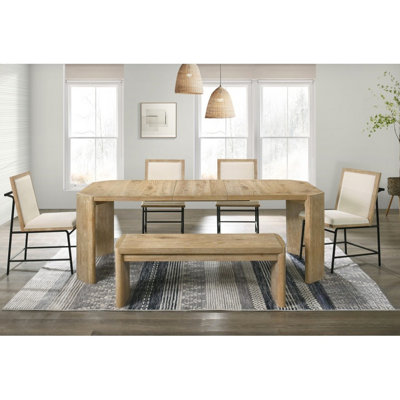 Contemporary 6pc Dining , Rectangular Extendable Table, 4 Upholstered Side Chairs, Bench, Solid Wood Frame, Beige - Colored Seats Rustic Modern Constr