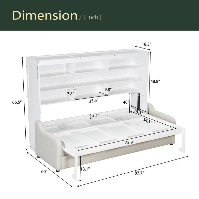 Armoire-lit escamotable avec canapé pliant Murphy, tablettes de rangement intégrées et lumière DEL, beige, Lit double