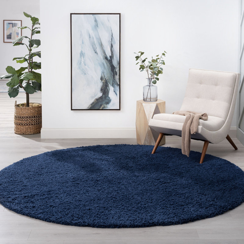 Tapis à longs poils bleu marine Athens, Rond 5 pi 3 po