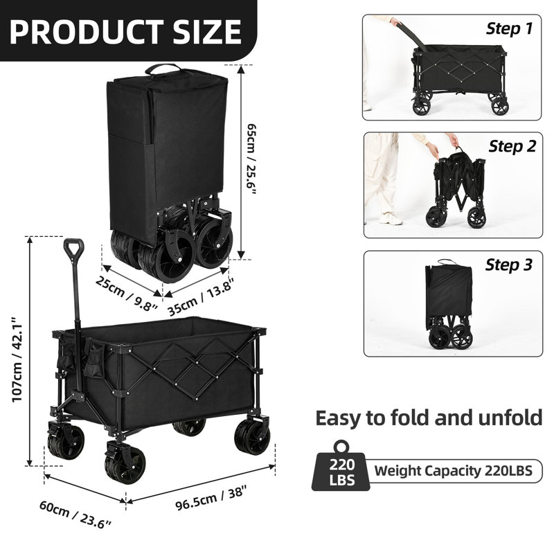 Heavy Duty Collapsible Foldable Wagon Utility Wagons Carts with Big Wheels and Brakes, 42.1" H x 23.6" W x 38" D