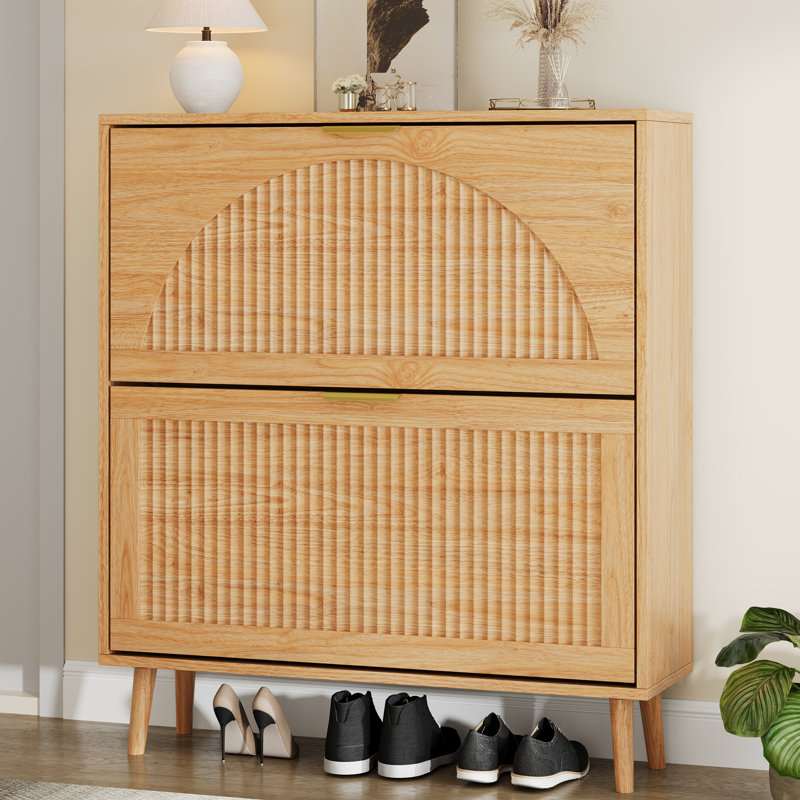 16 Pairs Shoe Cabinet with 2 Flip Drawers and Adjustable Shelves, Narrow Wood Shoe Storage with Fluted Arched Front, Beige