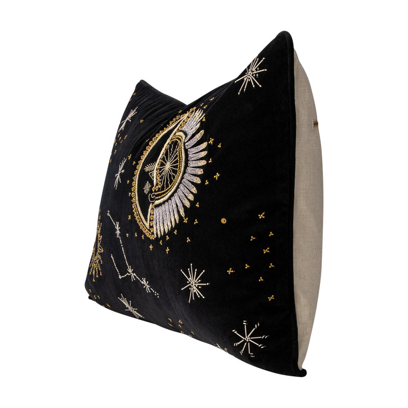 Tassels;Embroidered Down Throw Pillow, Black