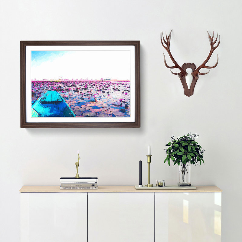 Boat in the Red Lotus Sea in Thailand in Abstract - Picture Frame Photograph Print, 27cm H x 36cm W x 2cm D, Walnut Framed