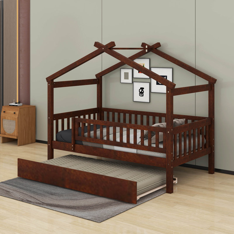 Wooden House Bed with Trundle, Twin, Walnut