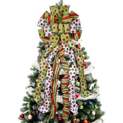 Large Green Christmas Bow Tree Topper & Wreath Decoration – 45"x13" Red & Green Dot Polyester Gift Bow For Xmas, Holiday, Thanksgiving, Indoor/outdoor Home Decor