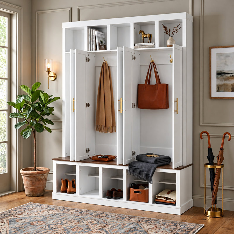 Grand arbre d'entrée de style campagnard avec armoire cachée et rangement pour chaussures à double couche, Blanc ancien