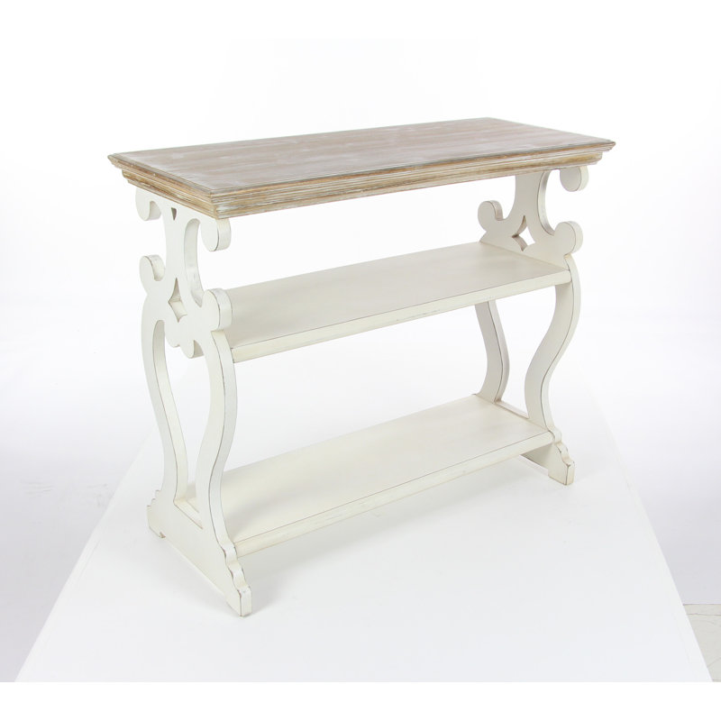 Czajkowski Wood Scroll Side Frames 2 Shelf Console Table with Brown Wood Top, White