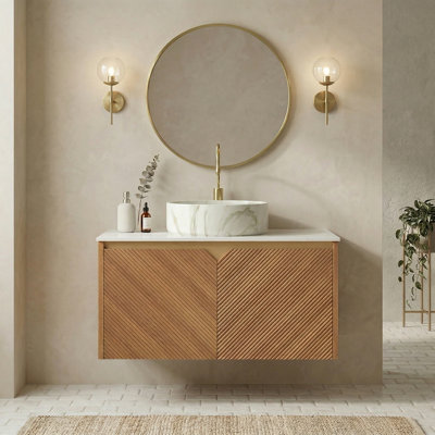 Linea 30" Modern Floating Bathroom Vanity with Twill Textured Wood Veneer Doors, Carrara White Sintered Stone Top & Ceramic Vessel Sink Options