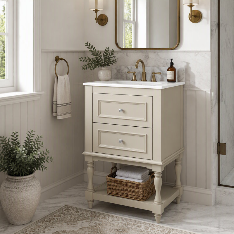 Meuble-lavabo de 20 po avec lavabo en céramique, armoire de rangement avec tablette ouverte, armoire de salle de bain rétro avec 2 tiroirs