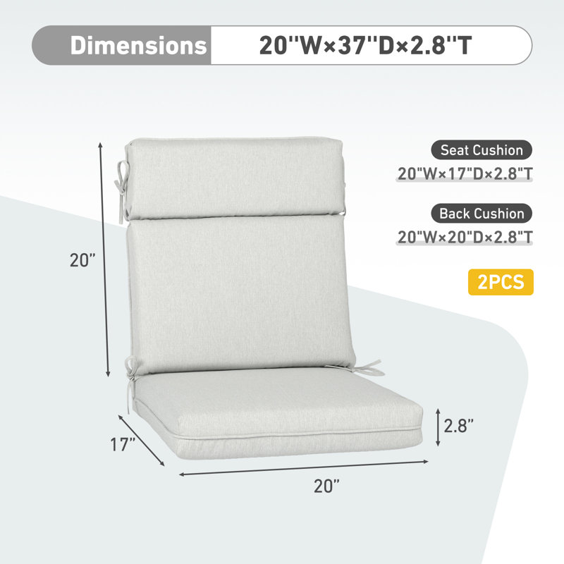 Outdoor High Back Dining Chair Cushion Set, Light Gray, 20" W x 17" D