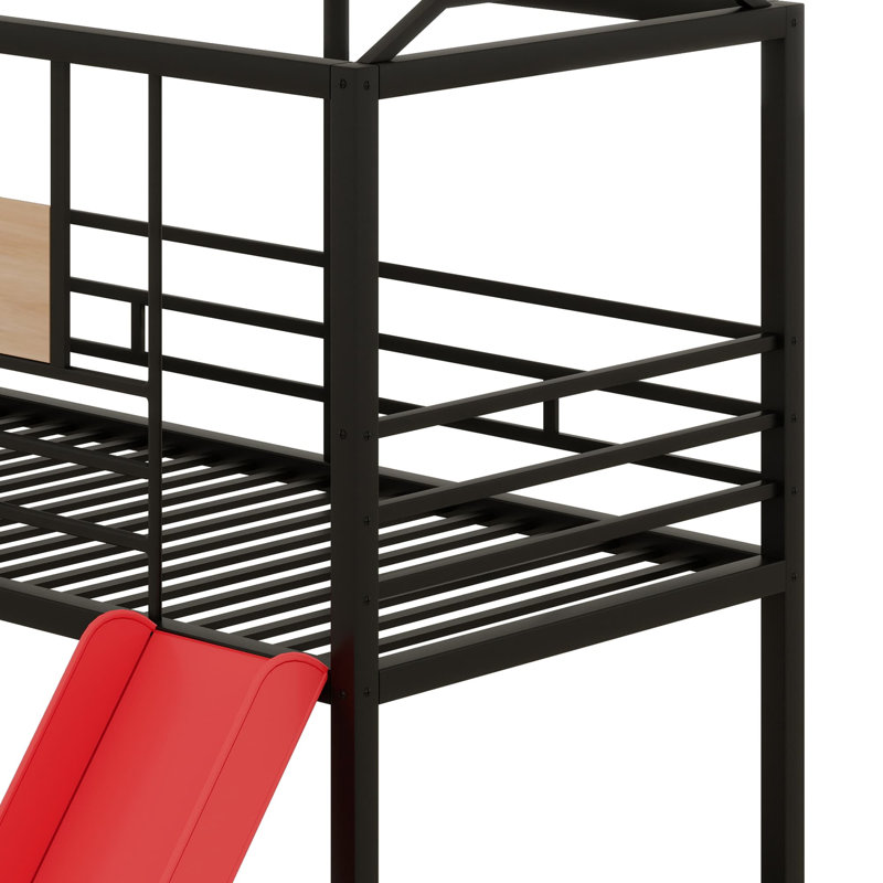 Metal House Bunk Bed With Slide, Black/Red