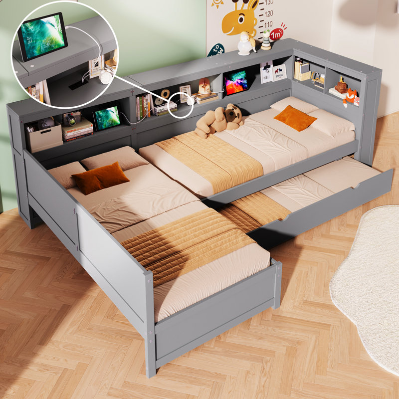 Wood Twin L-Shaped Platform Bed with Trundle, Drawer & Storage Shelves – Space-Saving Kids & Guest Bed, Grey, Gray