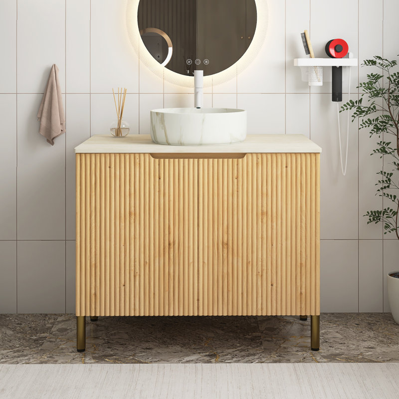 Meuble-lavabo de salle de bain avec lavabo, armoire de rangement autoportante en contreplaqué avec 2 portes, lavabo blanc avec motif en pierre et comptoir en pierre frittée à motif de travertin Roma