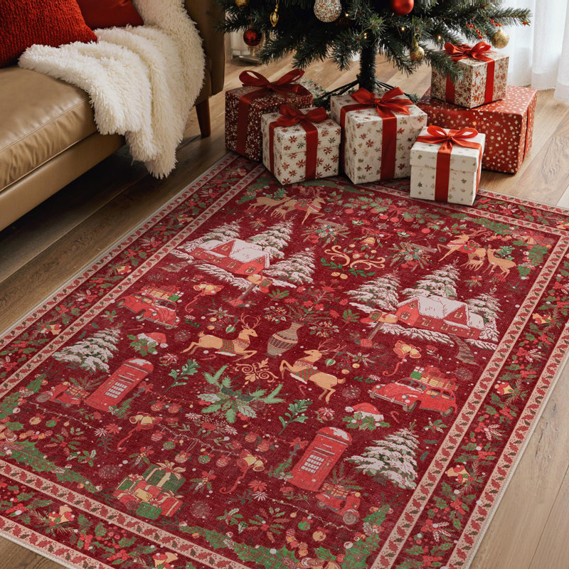 Tapis rouge lavable à la machine Christmas, Rectangle 5 pi x 7 pi