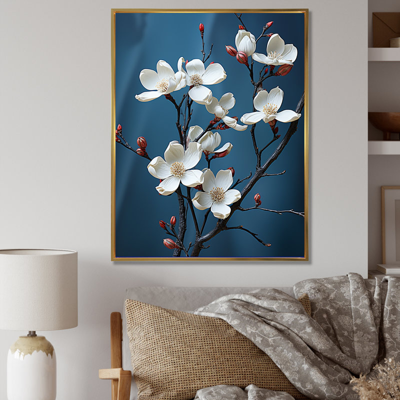 Dogwood Blossoms in Grey Tones I - reproduction sur toile, Cadre flottant doré, H 44 po x l 34 po x P 1,5 po