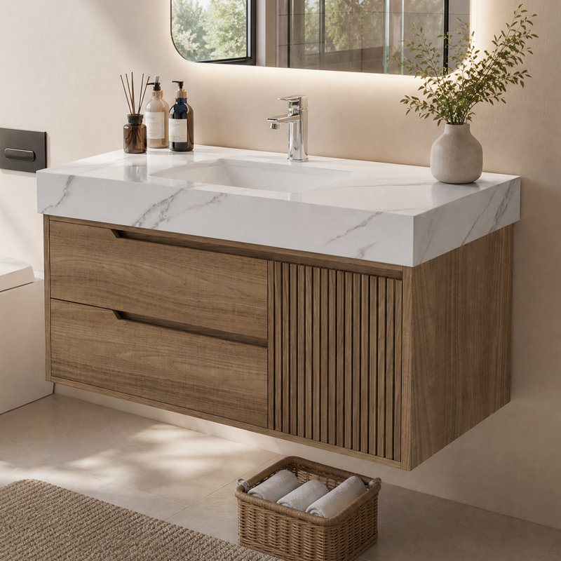 Meuble-lavabo suspendu de 91 cm (35,8 po) avec comptoir en pierre frittée et lavabo encastré en céramique, armoire de salle de bain d'aspect bois
