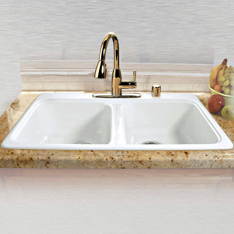 Évier de cuisine à double cuve à montage sur plan L 33 po x l 22 po Royal Palm, Blanc