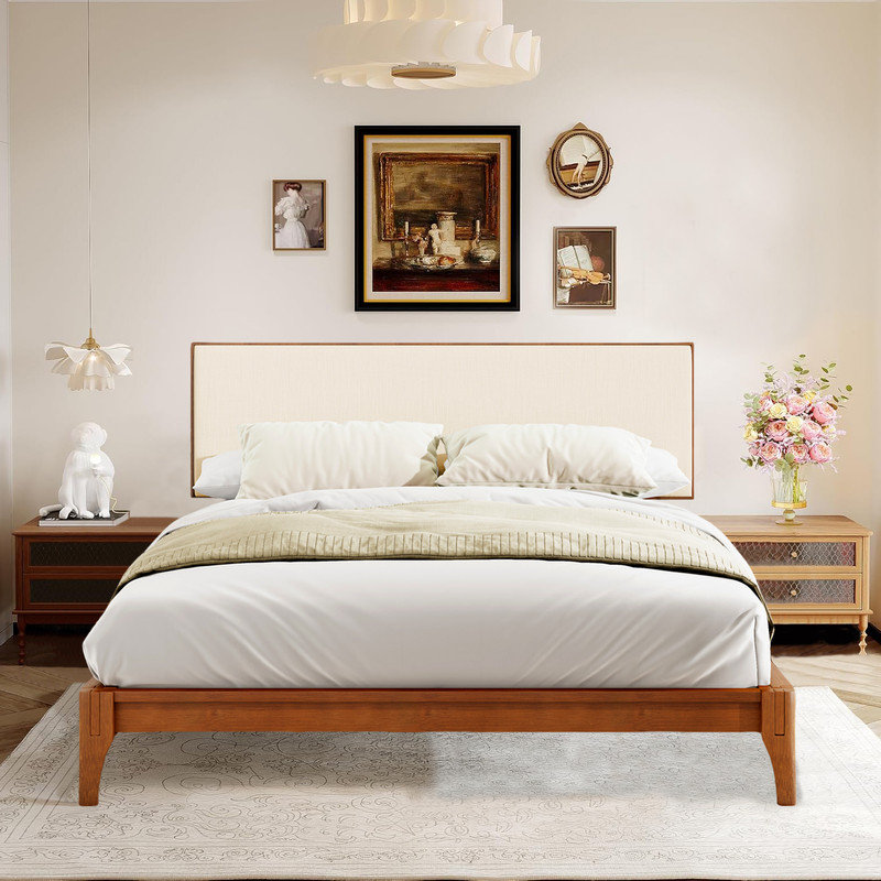 Solid Dry Bamboo Wood Platform Bed with Adjustable Upholstered Headboard, Full / Double