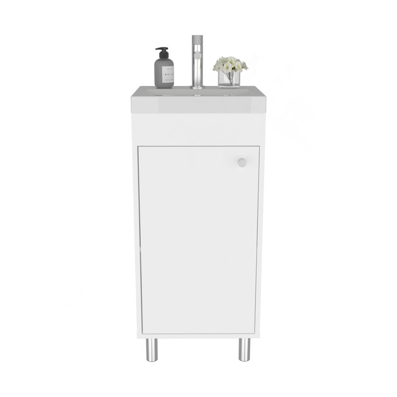 Bathroom Vanity With Sink, 1 Door, 4 Legs, 2 Shelves, White, White