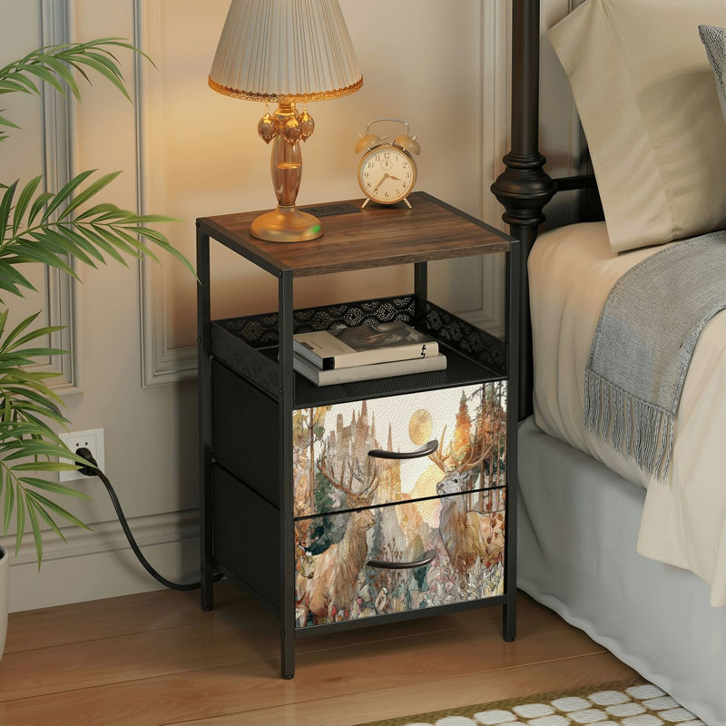 Table de chevet 2 tiroirs avec station de charge, table de chevet pour chambre à coucher avec ports USB, tablette ouverte noire, table de chevet avec imprimé coucher de soleil d'automne