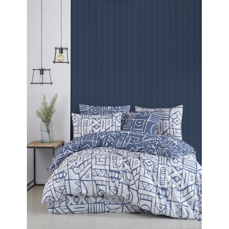 3 Pieces  Navy Blue  Geometric Pattern Modern Double Face 100% Cotton Duvet Cover Set, King Duvet Cover + 2 Shams