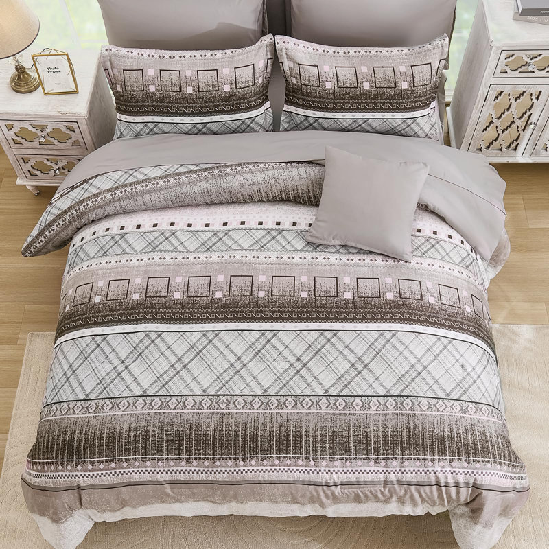8-Piece Striped Comforter Set, All Season Boho Microfiber Bed in a Bag with Sheets, Brown Geometric
