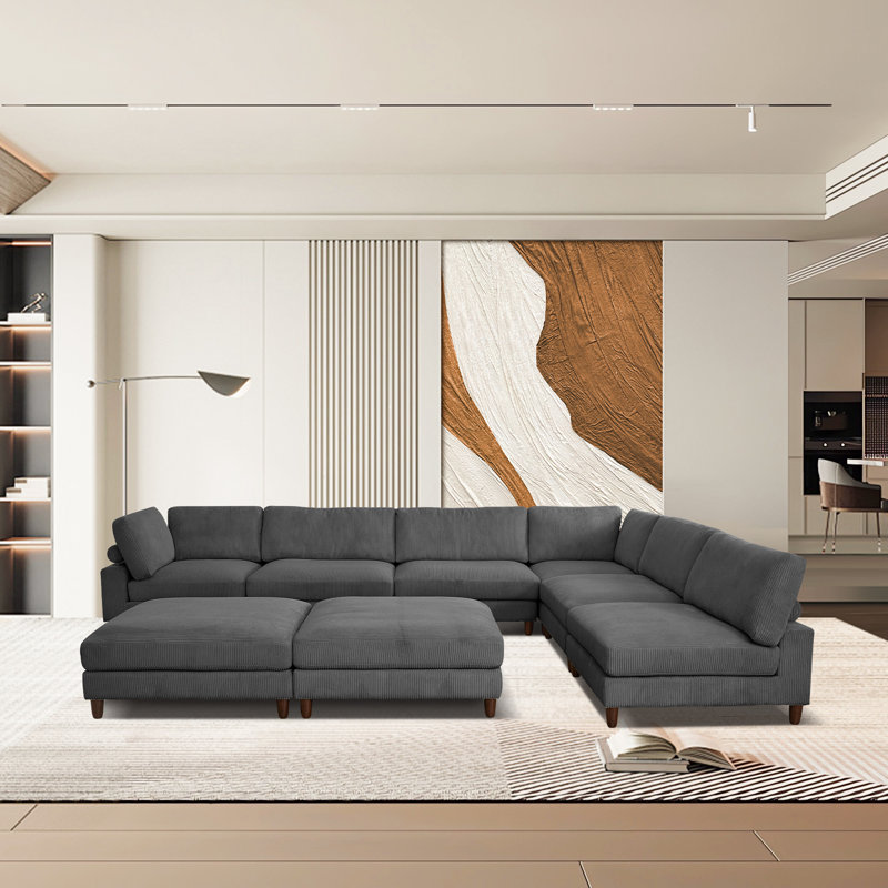 176" W 8-Piece Reversible Corduroy Modular Sectional , Gray Corduroy