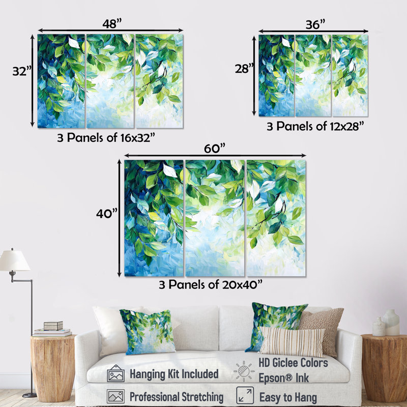 «Summer Green Branches In The Wind III - Leaves», ensemble d'art mural, 40" H x 60" W, Toile tendue, Ne s’applique pas