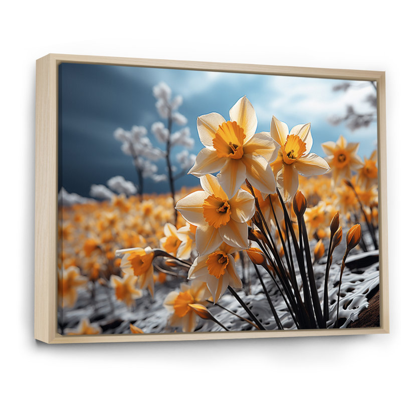 Daffodils Field Yellow Vibrant II - Imprimé, Cadre naturel flottant, H 16 po x l 32 po x P 1 po