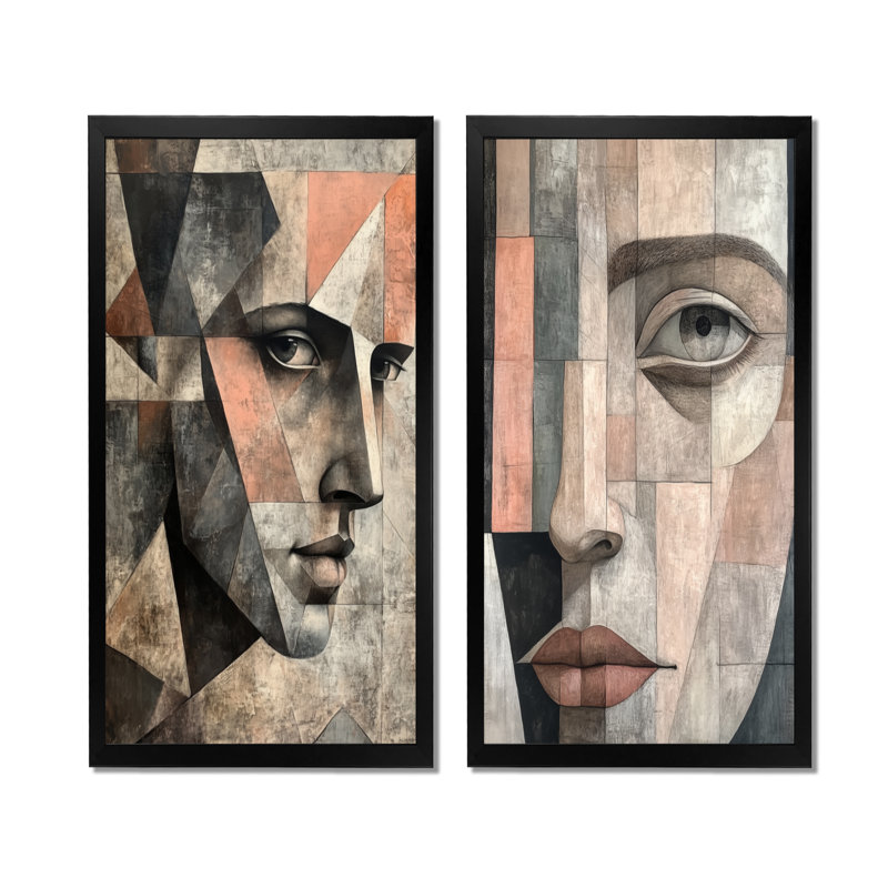 Visage aux angles multiples I - Cubisme - Tableau en deux parties sur toile, 32" H x 32" W, Black Picture Framed