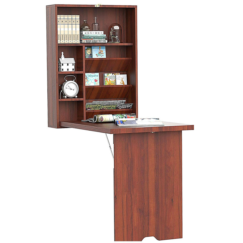Bureau mural pliable convertible, bureau multifonctionnel avec bibliothèque, bureau flottant, 60.17" H x 37.17" W x 23.67" D