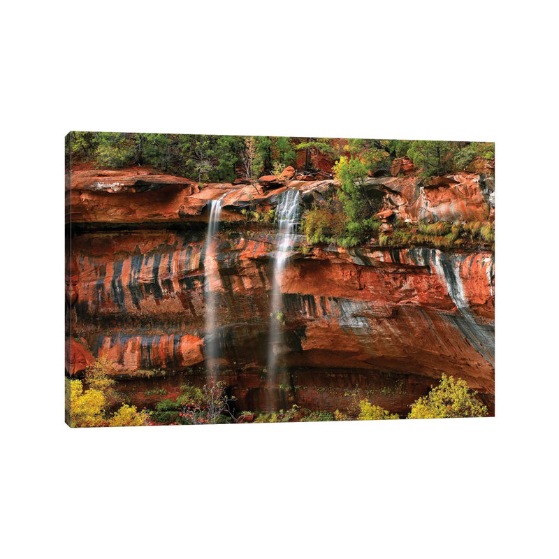Cascades Tumbling 110 Feet At Emerald Pools, Note The Black Streaks Called Desert Varnish, Zion National Park, Utah I by Tim Fitzharris - Wrapped Canvas Print