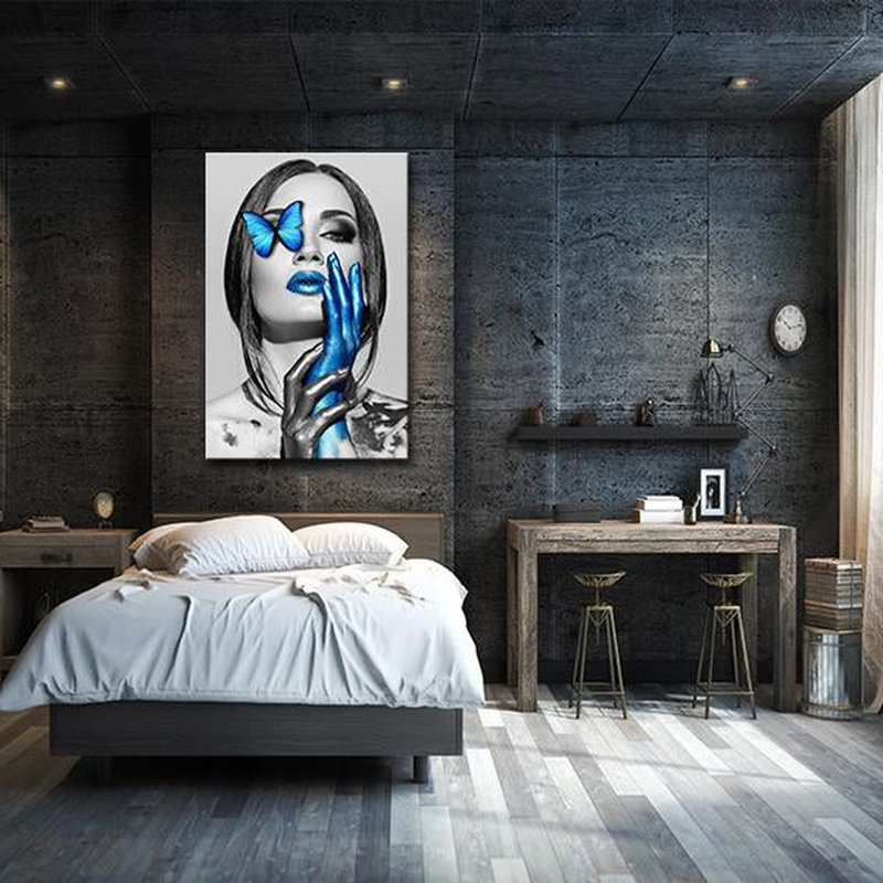 Femme avec papillon bleu, reproduction acrylique