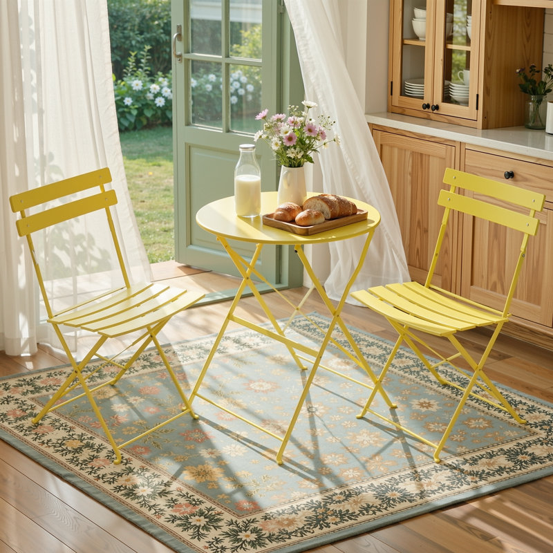  3-piece Folding Bistro Set, Powder Coated Weatherproof Patio Furniture Set, Outdoor Table And Chairs Set of 2 for Patio, Garden, Balcony, Space Saving, Yellow
