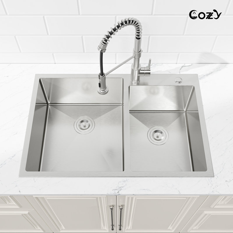 Évier de cuisine 33 po à double cuve encastrable en acier inoxydable avec crépine, Silver