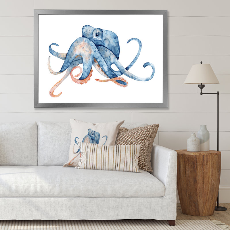 Pieuvre bleue sur blanc - reproduction sur toile, H 16 po x l 32 po x P 1 po, Cadre photo argenté