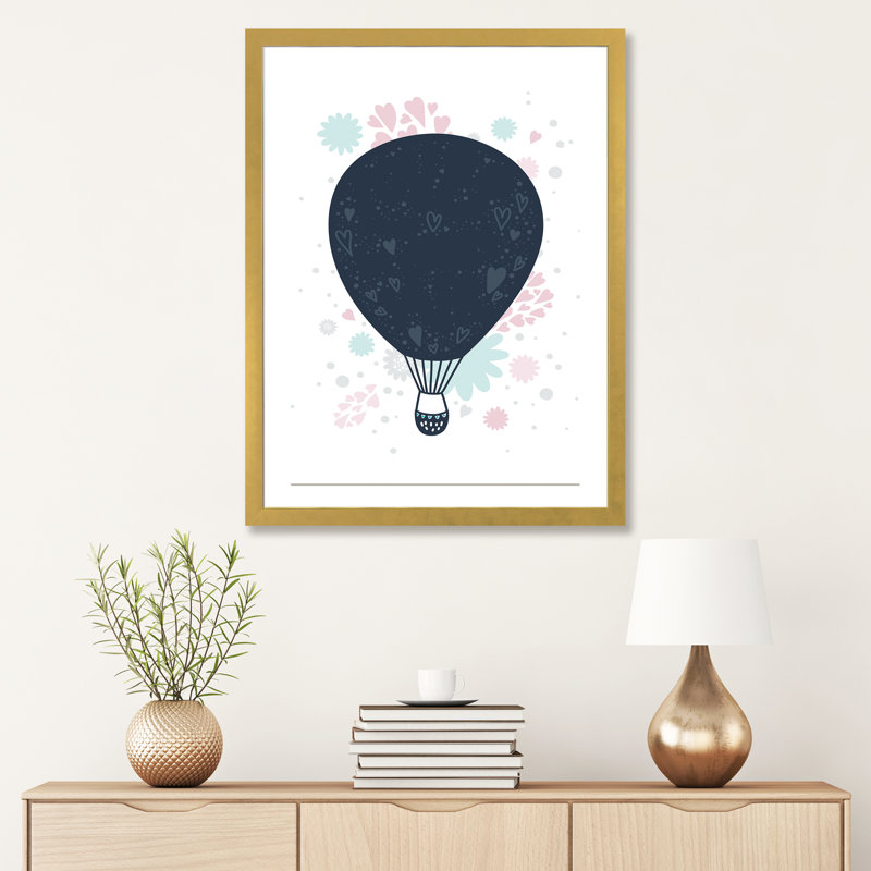 Montgolfière - impression d'art graphique, Blanc, H 32 po x l 24 po x P 1 po, Papier encadré doré