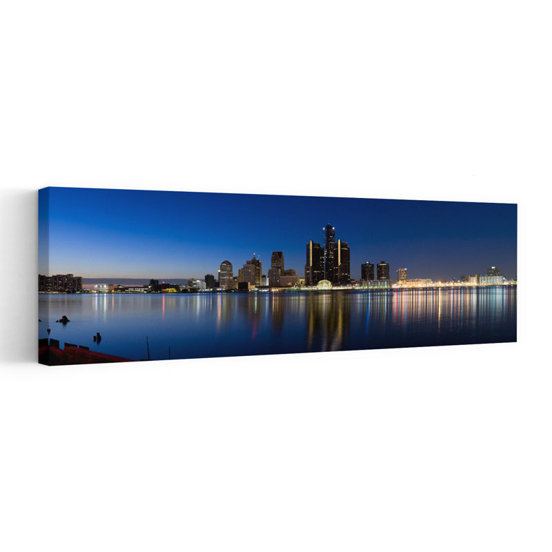 Buildings in a city lit up at dusk Detroit River Detroit Michigan USA 1 Piece Wrapped Canvas Panoramic Wall Art