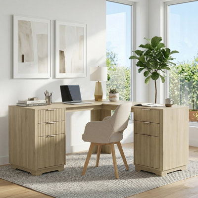 Bureau de direction en L 59 po avec tiroirs de rangement - Poste de travail d'angle transitionnel moderne pour bureau à domicile