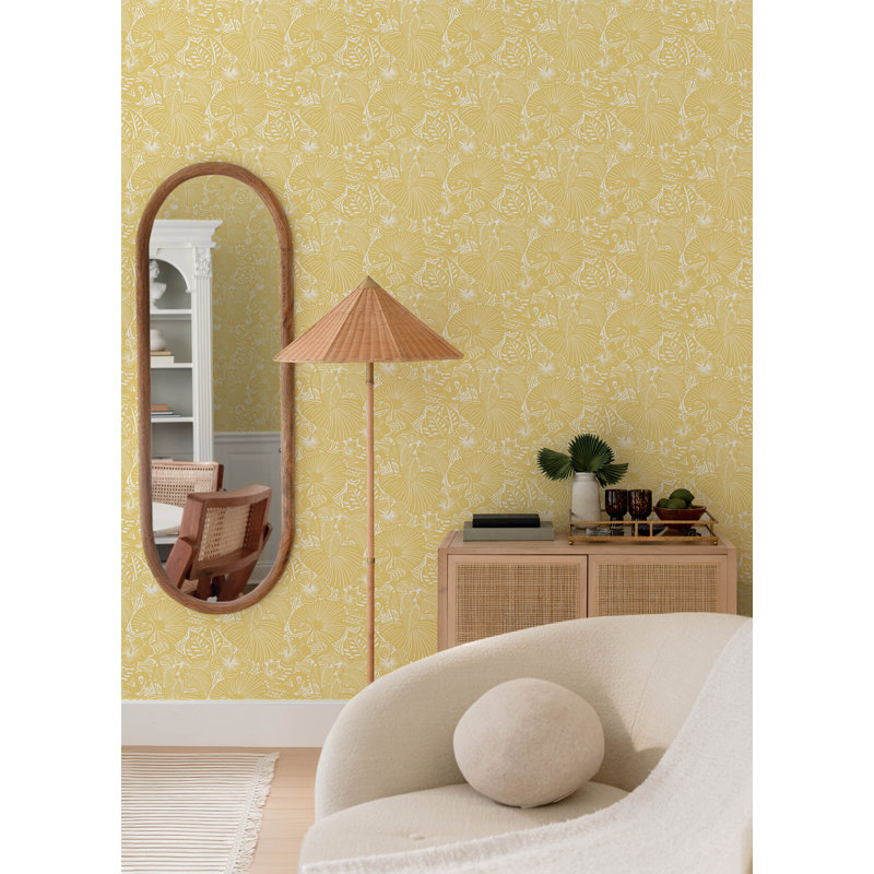 Idalia Navy Floral Flamingo Wallpaper, Yellow