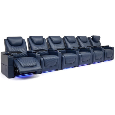 Home Theatre Seating Seats, Theatre Recliner Chair Sofa Game Movie Theatre Chairs With 7 Colours Ambient Lighting, Lumbar Pillow, Side Pocket, Tray Table, Power Recline (blue, Row Of 6)
