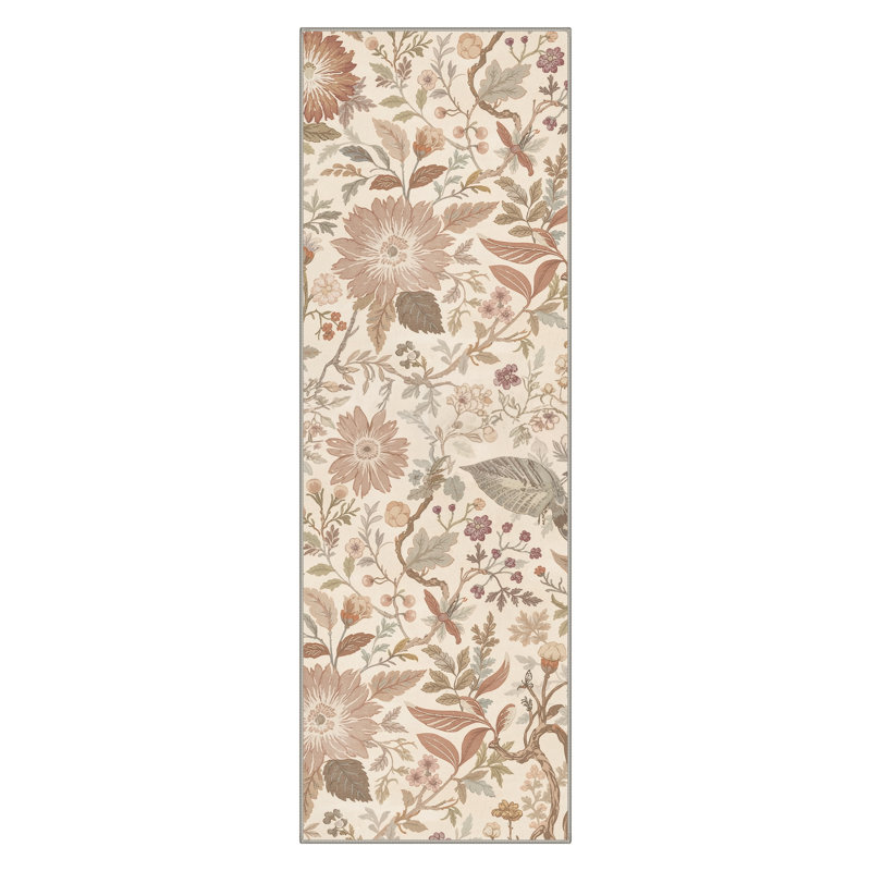 Clermont Veridian Floral Machine Washable Beige Indoor Area Rug with Non-Slip Backing, Runner 2'6" x 8'