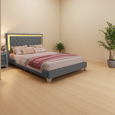 Grand cadre de lit tapissier grand avec lumières DEL, lit plateforme moderne en velours avec tête de lit capitonnée